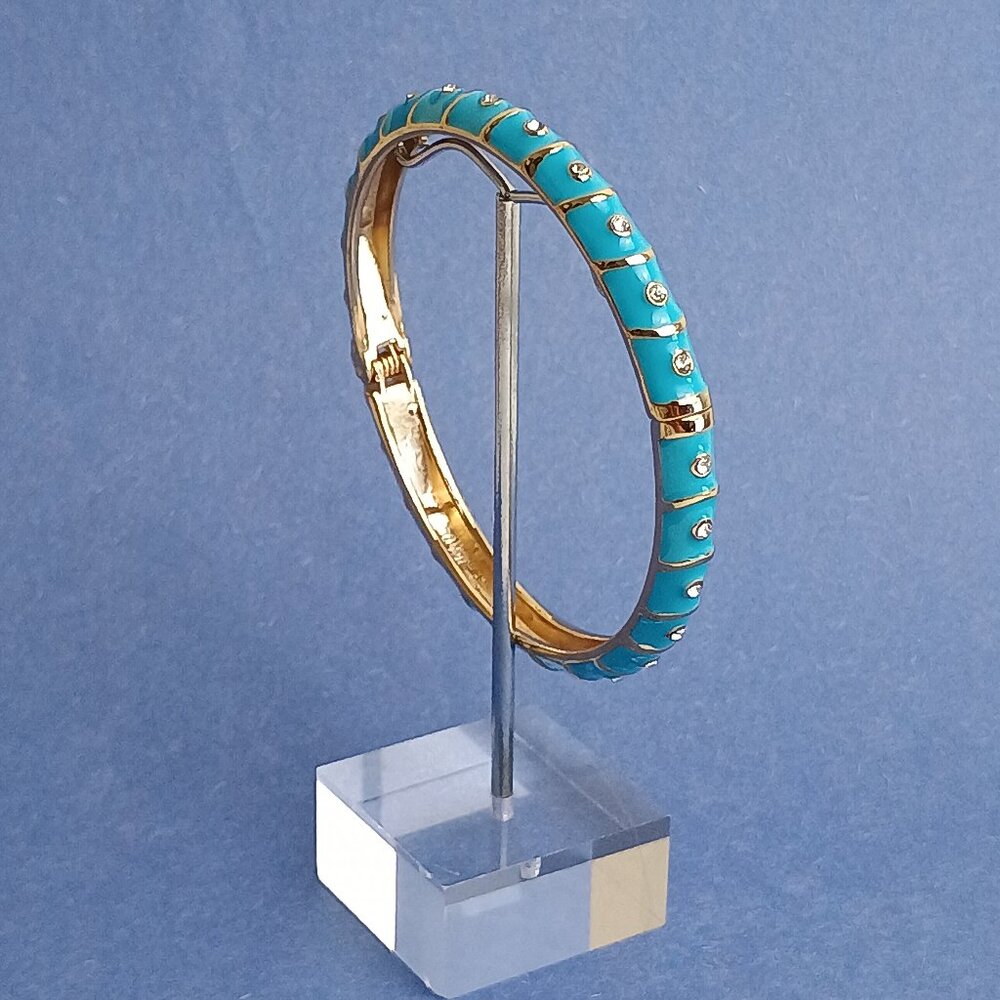 Sky Blue Gold Tone Rhinestone Enamel Hinge Bangle Skinny Bracelet Clamper Casual